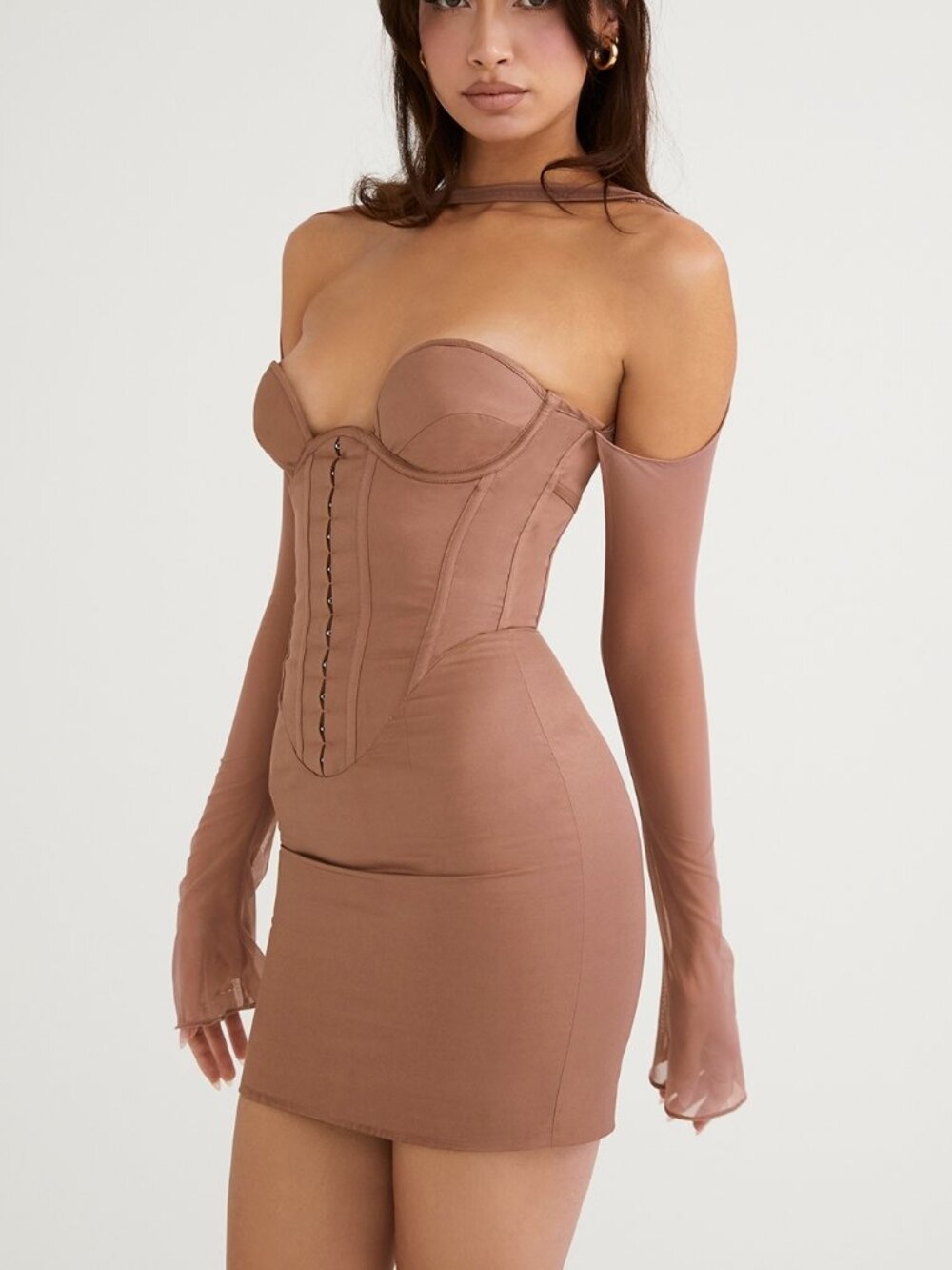 House of CB Women's Mayara Mocha Structured Corset Mini Dress Brown Size Large